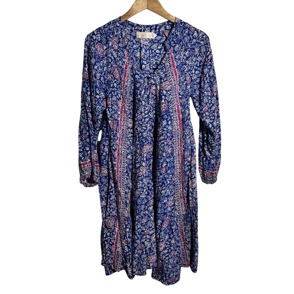 Natalie Martin Blue Pink Floral Print Long Sleeve Split Neck Midi Dress XS